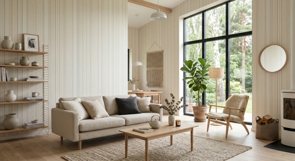 Create a calm and elegant home with Scandinavian striped wallpaper in soft cream, beige, and pale grey tones. These subtle vertical stripes add height, light, and texture while maintaining a minimalist Nordic aesthetic. Perfect for dining rooms, hallways, and modern Scandinavian interiors.