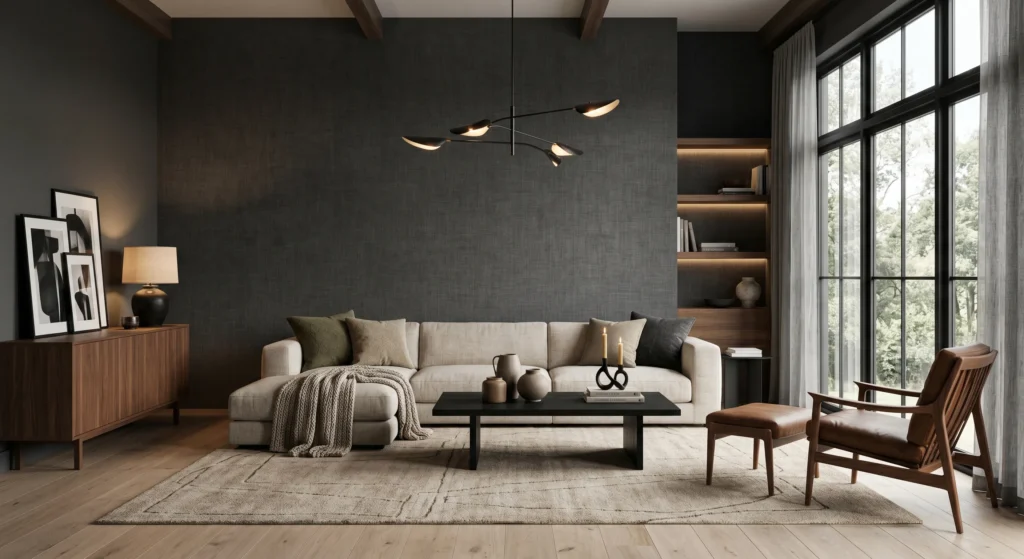 Add depth and warmth with luxurious linen texture wallpaper and grasscloth-inspired wall coverings. This timeless Scandinavian wallpaper idea creates a sophisticated, cozy backdrop for living rooms, bedrooms, and home offices while maintaining a clean minimalist look.