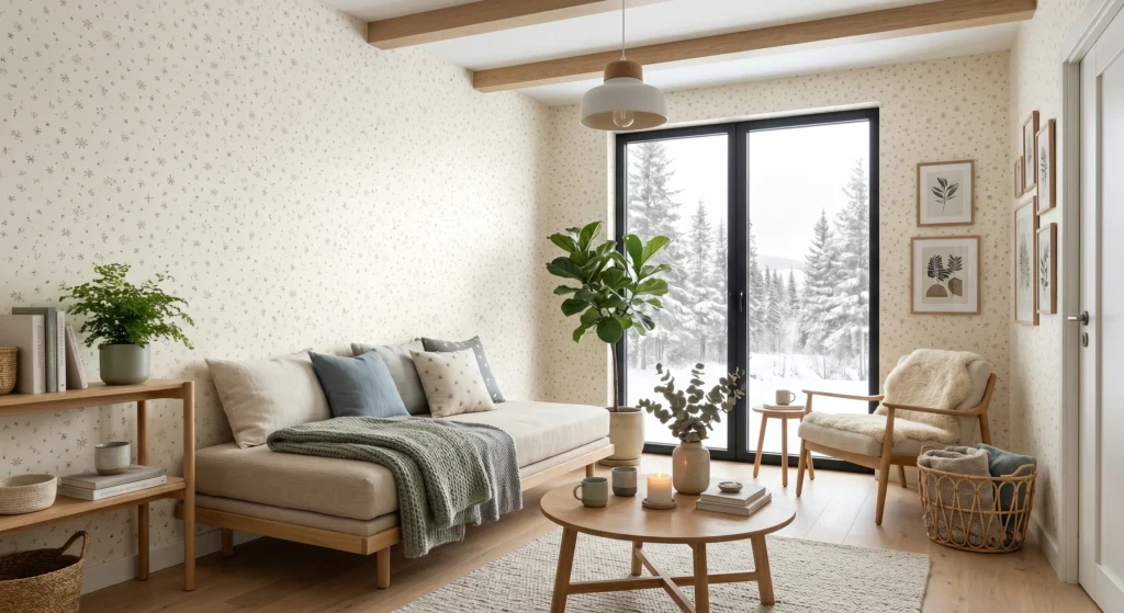 Add a playful Nordic touch with Scandinavian star wallpaper featuring delicate snowflakes, stars, and minimalist cross motifs. These charming patterns create warmth and character while maintaining a clean Scandinavian aesthetic.