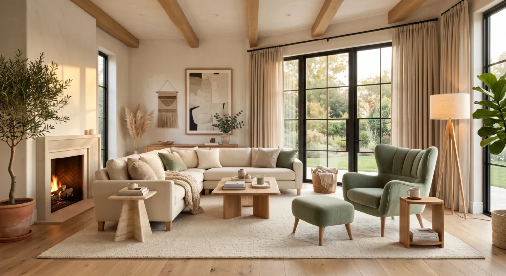 A refined Scandinavian interior featuring a muted sage green velvet chair, natural oak furniture, oversized contemporary artwork, and warm Scandinavian lighting.
