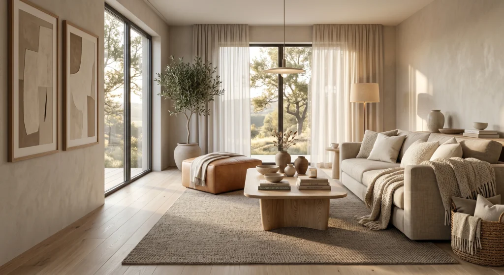 Luxury Warm Neutral Scandinavian mood board featuring a beige linen sofa, taupe wool rug, caramel leather ottoman, cream throw blankets, ceramic bowls, stacked neutral books, oversized wall art, cozy hygge atmosphere, full room view.