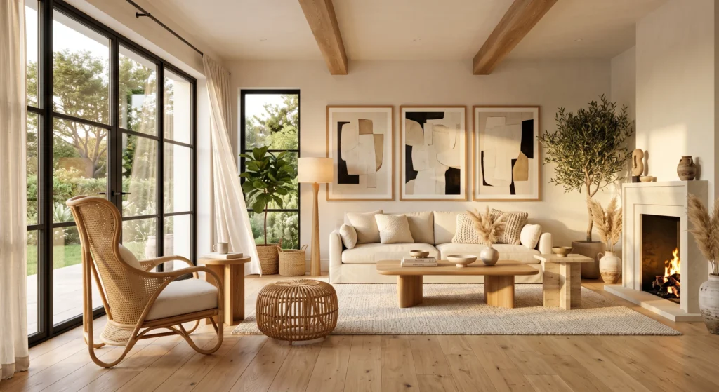 A relaxed Boho-Scandinavian living room showcasing a handcrafted rattan armchair, natural oak furniture, oversized abstract wall art, woven textures, and abundant natural light.