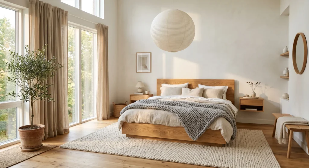 Create a peaceful retreat with a low-profile wooden bed frame. One of the most timeless Scandinavian furniture ideas, this simple oak bed adds warmth, natural texture, and calming Nordic beauty while making the bedroom feel spacious, cozy, and restful.