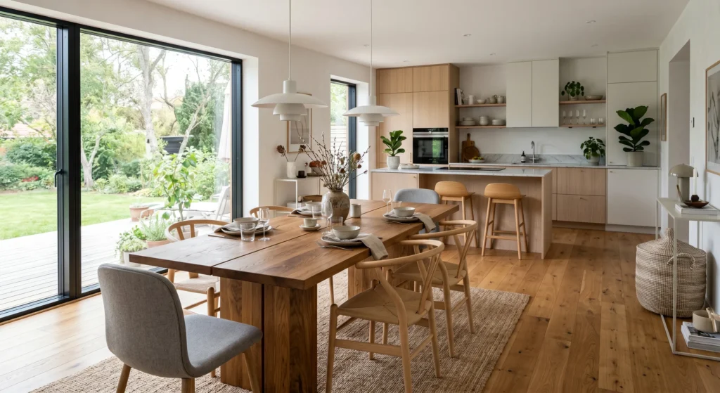 Nothing captures Scandinavian furniture ideas better than a solid wood dining table. Crafted from oak, ash, or walnut, this timeless centerpiece brings warmth, natural texture, and functionality to the dining room while creating the perfect gathering space for family and friends.