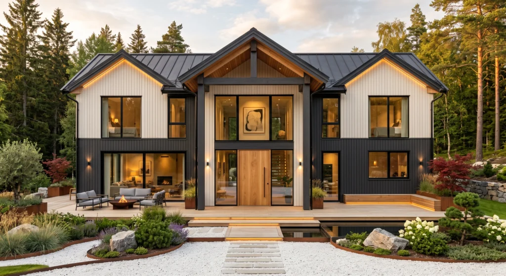 A luxury Scandinavian house featuring a dramatic two-tone exterior with warm white timber cladding paired with matte charcoal architectural panels, oversized glass walls, oak front door, cedar accents, elegant gardens, and sophisticated contemporary Nordic styling.