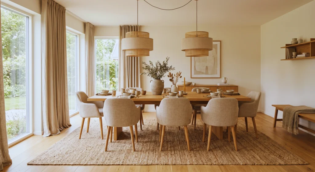 A natural jute or wool rug instantly warms up a Scandinavian dining room. Layering soft textures under a dining table adds comfort, defines the space, and enhances the cozy, elegant atmosphere that makes warm neutral dining room styling feel so inviting.