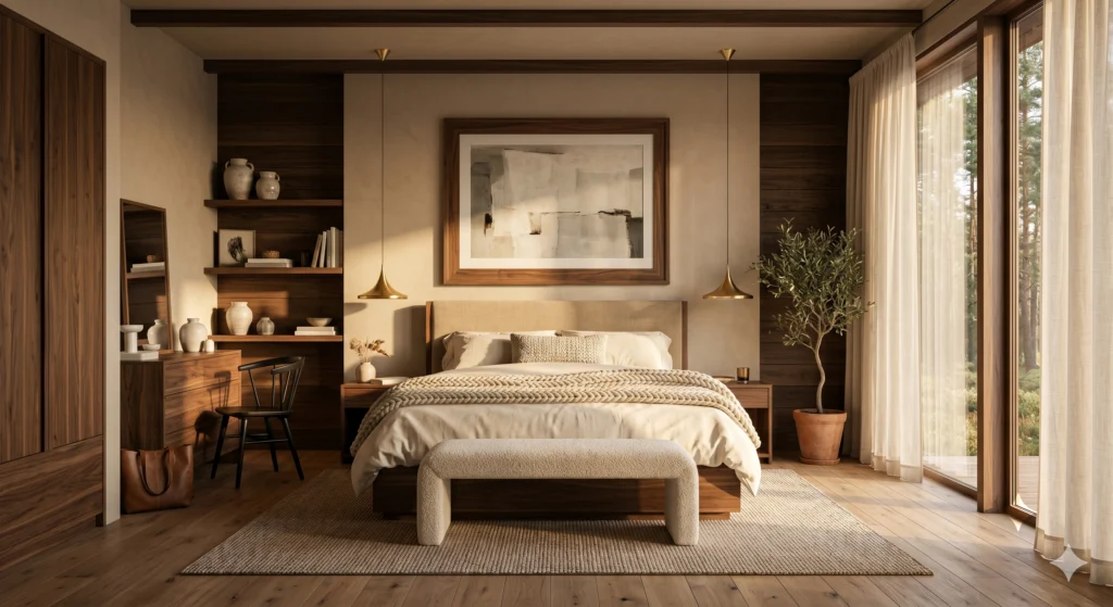A luxury Scandinavian bedroom featuring layered 100% linen bedding in warm white, cream, oatmeal, and soft grey, oversized Euro pillows, a chunky knit throw, a low-profile light oak bed with visible wood grain, oversized abstract wall art in oak frames, warm natural sunlight, and a cozy hotel-inspired Nordic atmosphere.