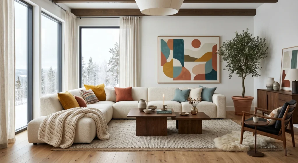 A cozy Scandinavian living room featuring a cream sofa layered with terracotta, teal, and mustard cushions, chunky knit throw blanket, oversized abstract wall art, oak coffee table, and warm natural lighting.