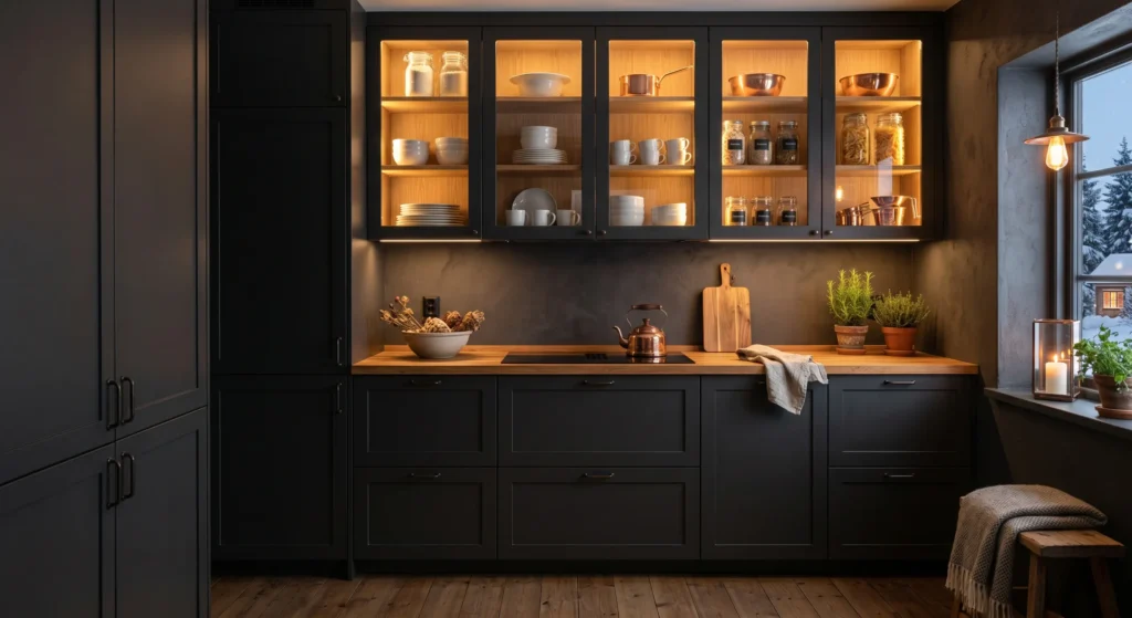 Glass-front cabinets instantly make a small Scandinavian kitchen feel more open. By displaying neatly stacked dishes and glassware, you create visual depth while reflecting light throughout the room. It's a timeless Nordic design trick that combines beauty and functionality.