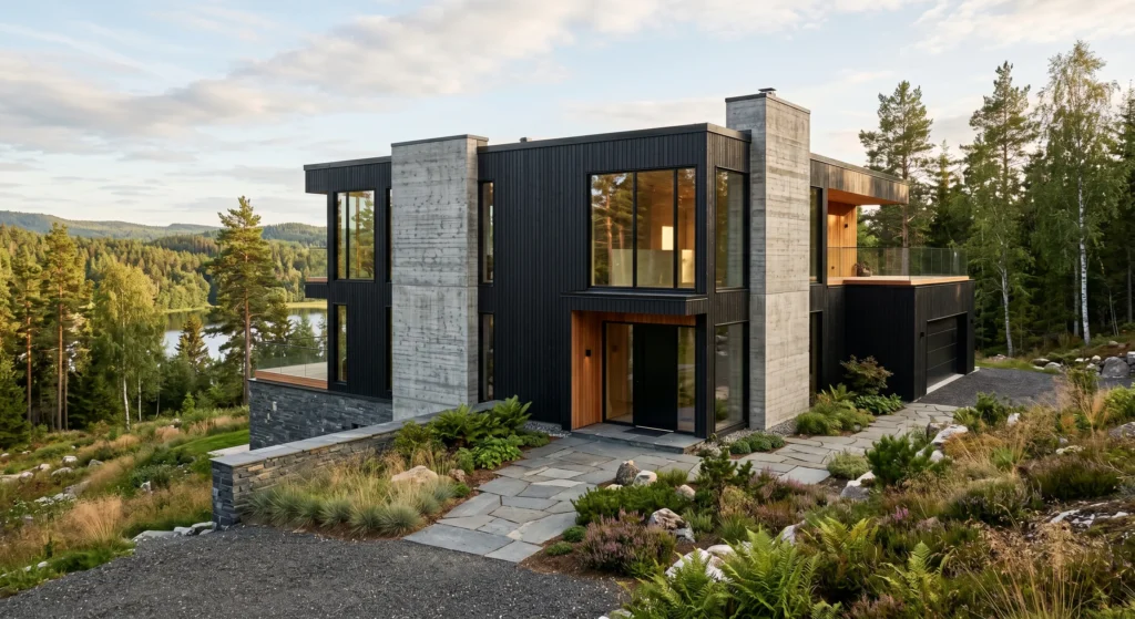 Elevate your Modern Nordic House Exterior with textured concrete walls and natural stone features. These honest materials add depth, durability, and a grounded connection to nature while complementing wood and black exterior finishes.
