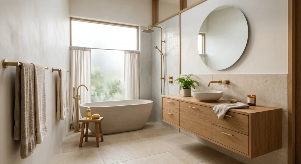 Add sophisticated contrast to your Nordic bathroom design with matte black or brushed brass fixtures. Elegant faucets, shower systems, and cabinet hardware act like jewelry against warm white walls and natural wood finishes. This simple upgrade instantly elevates the space with modern Scandinavian luxury.