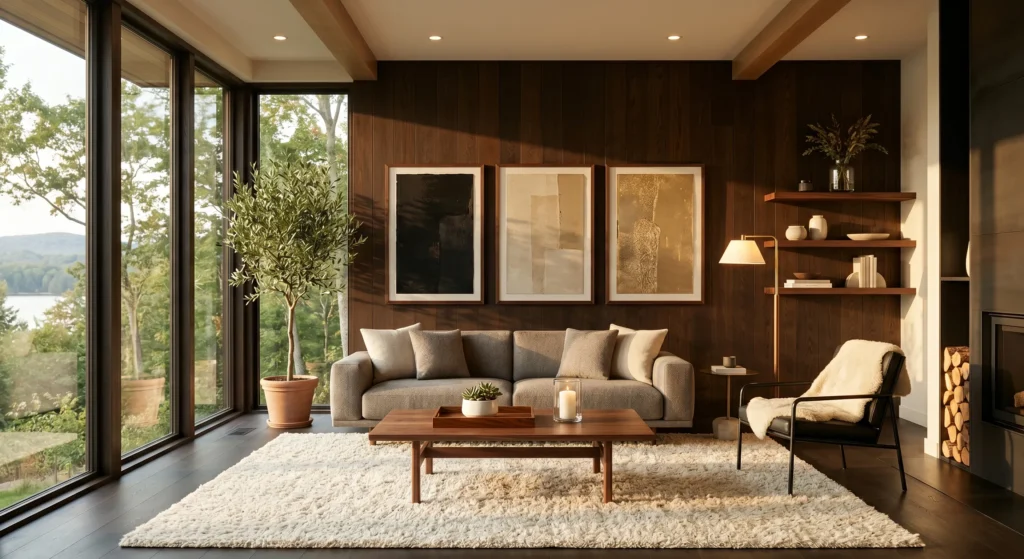 Luxury Scandinavian living room with floating oak shelves, curated ceramics, neutral books, small plants, oversized wall art, cream sofa, visible wood grain furniture, minimalist Nordic styling, full room view.