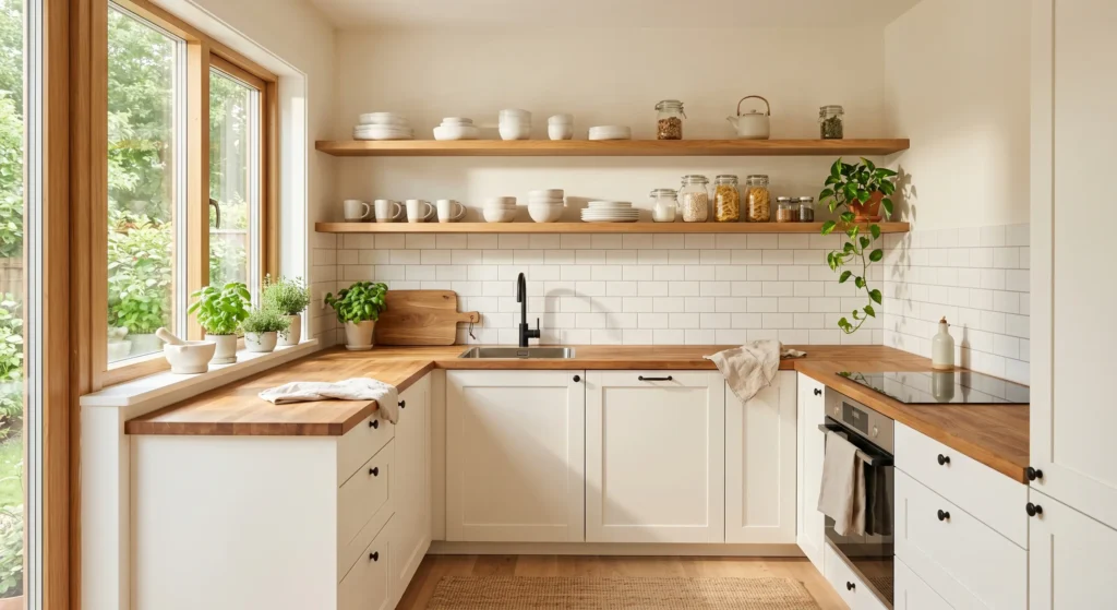 Open shelving is a game-changer for small Scandinavian kitchen ideas. By replacing bulky upper cabinets with light wood shelves, you create visual breathing room while displaying beautiful dishes, glass jars, and greenery. This compact kitchen design feels airy, modern, and effortlessly organized.