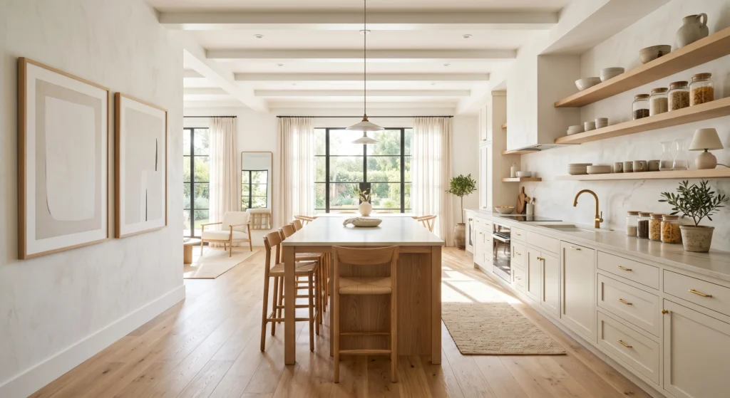 Luxury white Scandinavian kitchen with floating oak shelves displaying white dishes, artisan ceramics, glass jars, small plants, oversized wall art, warm white cabinetry, visible wood grain, bright and airy Nordic design, full room view.