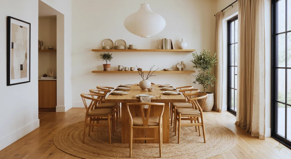 Scandinavian dining rooms embrace intentional styling with open shelving. Display neutral ceramics, cookbooks, handcrafted decor, and greenery while keeping clutter hidden. This creates a cozy, elegant, and timeless Nordic-inspired dining space.