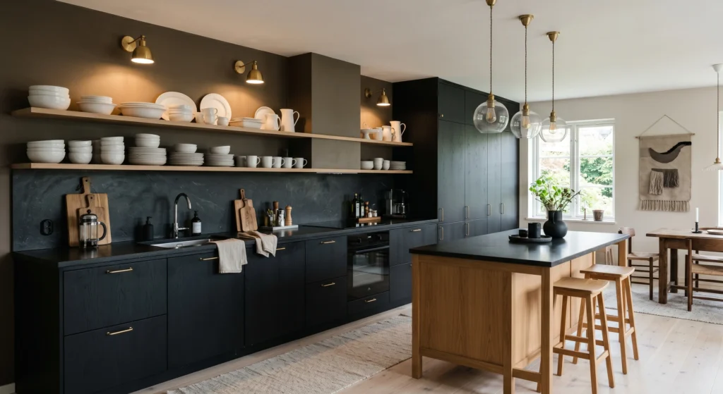 Open oak shelving softens the look of dark Scandinavian kitchens by adding warmth and visual breathing room. Display white ceramics, glass jars, and greenery to create contrast and balance while maintaining the minimalist beauty of Nordic kitchen design.