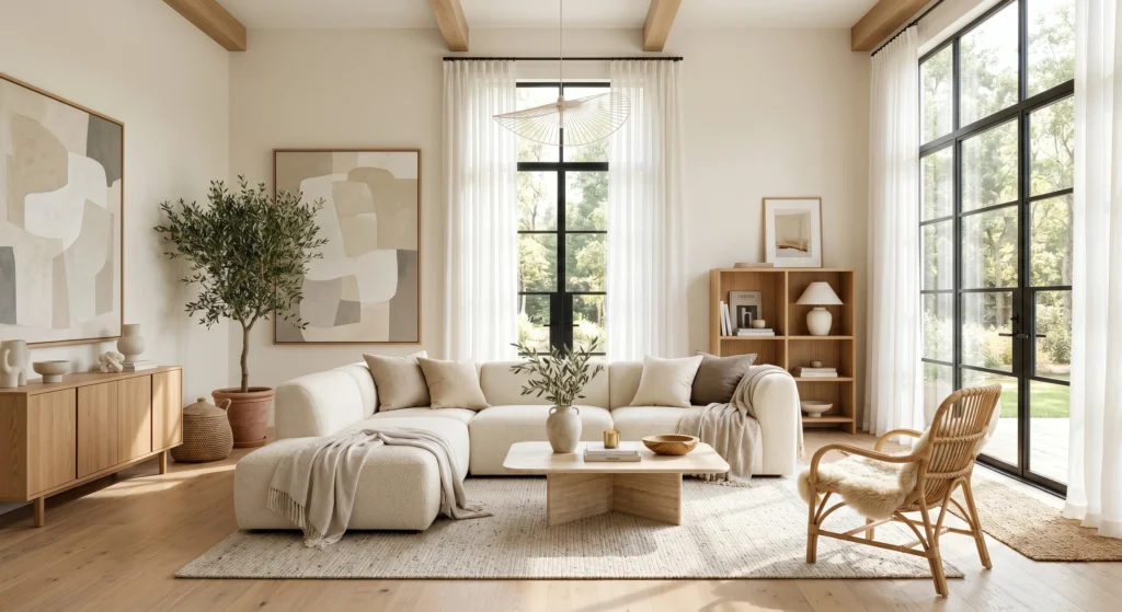 A luxury Scandinavian living room featuring sheer white linen curtains, oversized contemporary wall art, cream furnishings, natural oak flooring, and sunlight softly filtering through floor-to-ceiling windows.