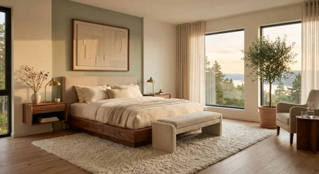 A luxury Scandinavian bedroom featuring warm white walls, soft beige accents, a muted sage green feature wall, cream linen bedding, oversized oak-framed abstract artwork, terracotta decor, handcrafted ceramics, natural oak furniture, and soft golden sunlight creating a calming retreat.