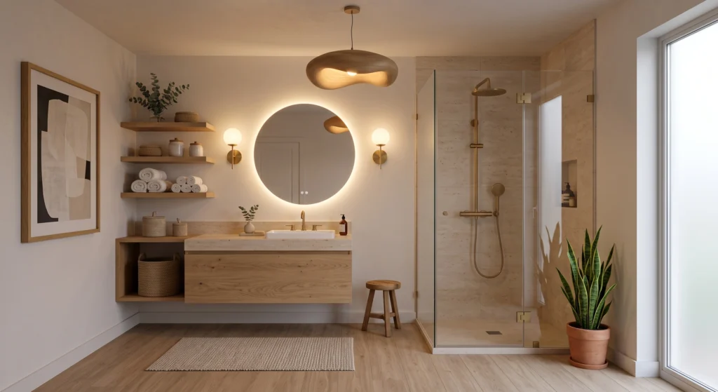 A luxury Nordic bathroom illuminated with warm 2700K lighting from elegant brass wall sconces beside a large round mirror, complemented by a sculptural pendant light and soft ambient glow. The floating oak vanity, premium wood finishes, minimalist wall art, and spa-inspired styling create a calm and relaxing atmosphere.