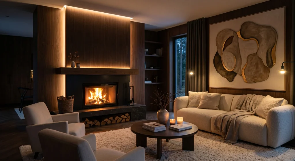 A luxurious Scandinavian fireplace wall illuminated by hidden warm LED lighting and elegant wall sconces. Walnut wood paneling, oversized artwork, and soft ambient glow create a magical evening atmosphere.
