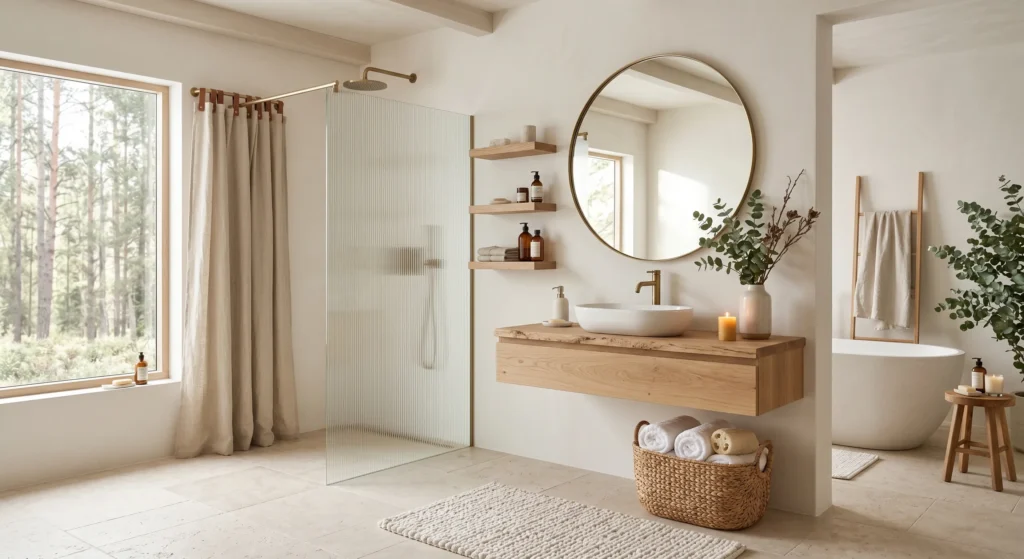 Elevate your hygge bathroom with luxurious natural textiles such as Egyptian cotton towels, linen shower curtains, and woven cotton bath mats. Soft textures bring comfort and warmth while enhancing the spa-like feeling that defines Scandinavian bathroom design.