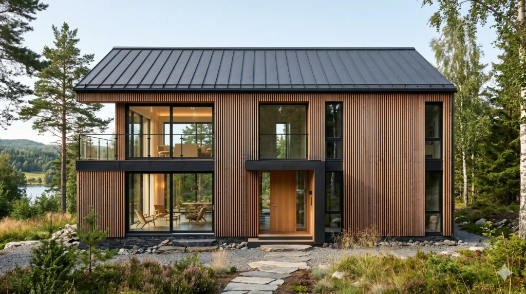 Add warmth and architectural character with vertical cedar wood slats. This Scandinavian home exterior combines natural wood textures, clean lines, and modern Nordic design to create a facade that feels both contemporary and welcoming.