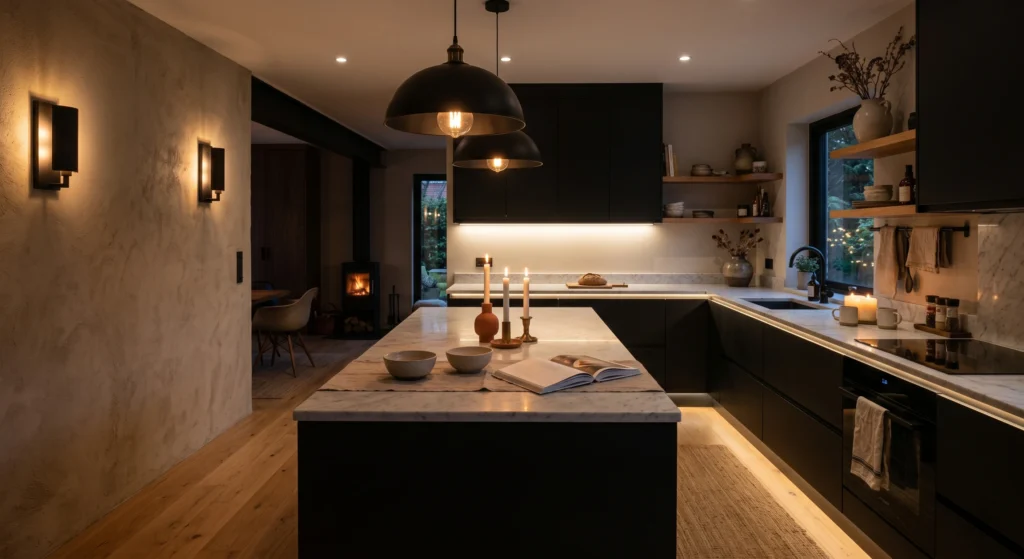 Layered lighting is essential in a dark Scandinavian kitchen. Warm pendant lights, under-cabinet LEDs, wall sconces, and candlelight create a cozy hygge atmosphere while highlighting rich textures and dark surfaces. The result is a moody kitchen that feels warm rather than gloomy.