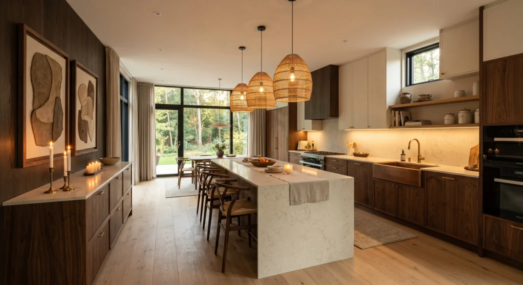 Luxury Scandinavian kitchen with woven pendant lights, warm under-cabinet LED lighting, glowing candles, oversized wall art, oak island, artisan ceramics, warm white cabinetry, cozy hygge atmosphere, full kitchen view.