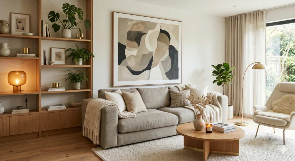 Elegant Scandinavian living room featuring a warm grey couch, designer floor lamp, oak side table, candles, oversized wall art, warm ambient lighting, and cozy evening atmosphere.