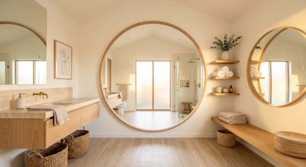 A luxurious Nordic bathroom with an oversized round oak-framed mirror positioned opposite a large frosted window, reflecting natural sunlight throughout the room. The floating oak vanity, beige stone surfaces, handcrafted ceramics, minimalist wall art, and warm neutral palette create a bright, spacious spa-inspired interior.