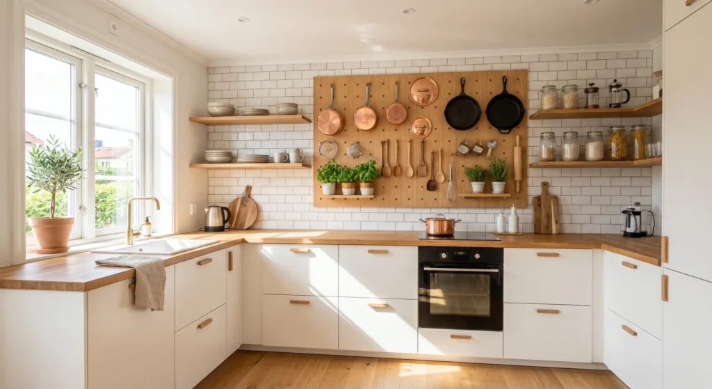 Pegboards are a Scandinavian favorite for small kitchens. Hang cookware, utensils, herbs, and accessories while freeing up valuable drawer and counter space. Stylish, affordable, and endlessly customizable, pegboard storage is perfect for maximizing every inch in a tiny kitchen.
