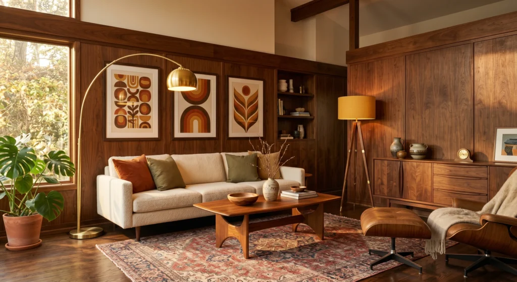 Luxury vintage Scandinavian living room with an oak tripod floor lamp and elegant brass arc lamp beside a warm beige sofa, oversized retro wall art, sculptural teak coffee table, wool rug, and cozy ambient lighting.