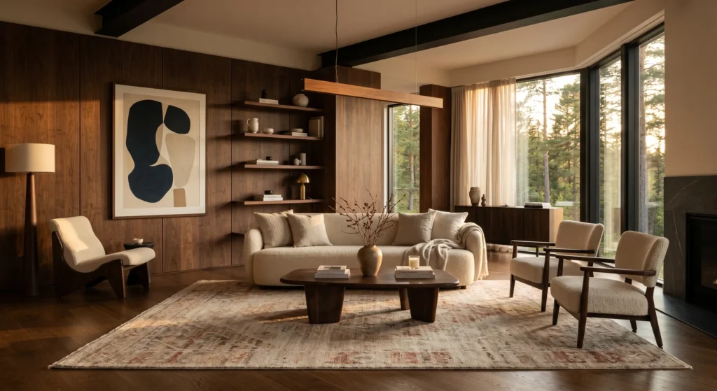 Contemporary Scandinavian living room with a large wool rug featuring a subtle geometric pattern, cream and charcoal tones, oversized wall art, sculptural furniture, warm greige sofa, luxury Nordic decor, full room view.