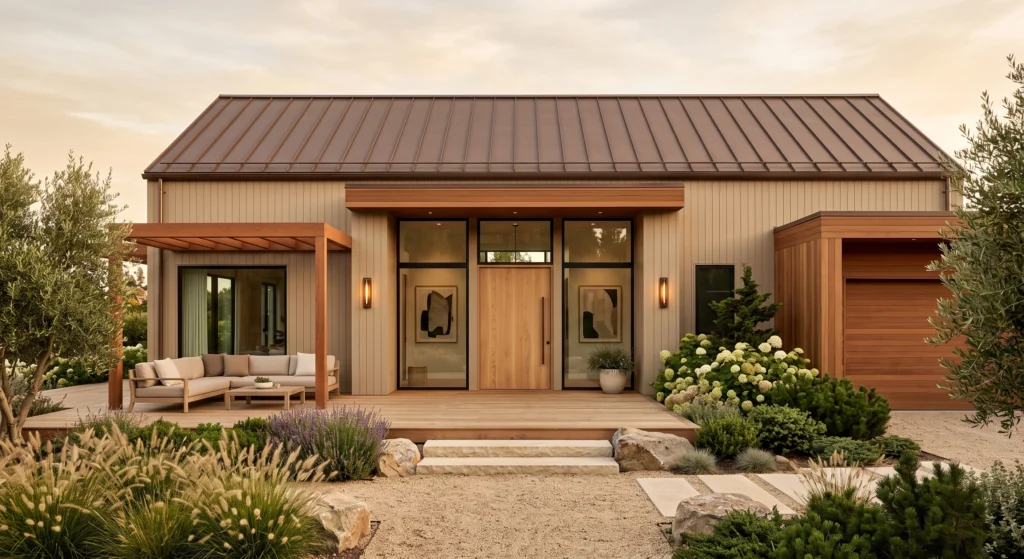 A beautiful Scandinavian countryside home featuring warm beige timber cladding, white oak front door, cedar architectural details, warm brown metal roof, elegant gardens with lavender and ornamental grasses, creating a peaceful and inviting Nordic retreat.