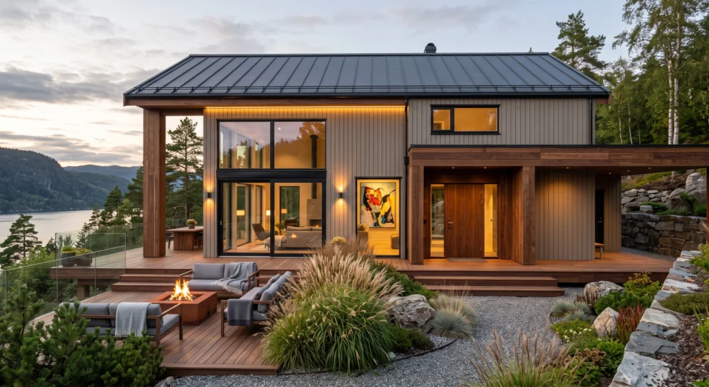 A modern Scandinavian villa finished in elegant warm greige vertical wood cladding, oversized black windows, natural walnut entrance door, cedar accents, charcoal roof, lush Nordic landscaping, soft warm lighting, and contemporary architecture that feels sophisticated yet welcoming.