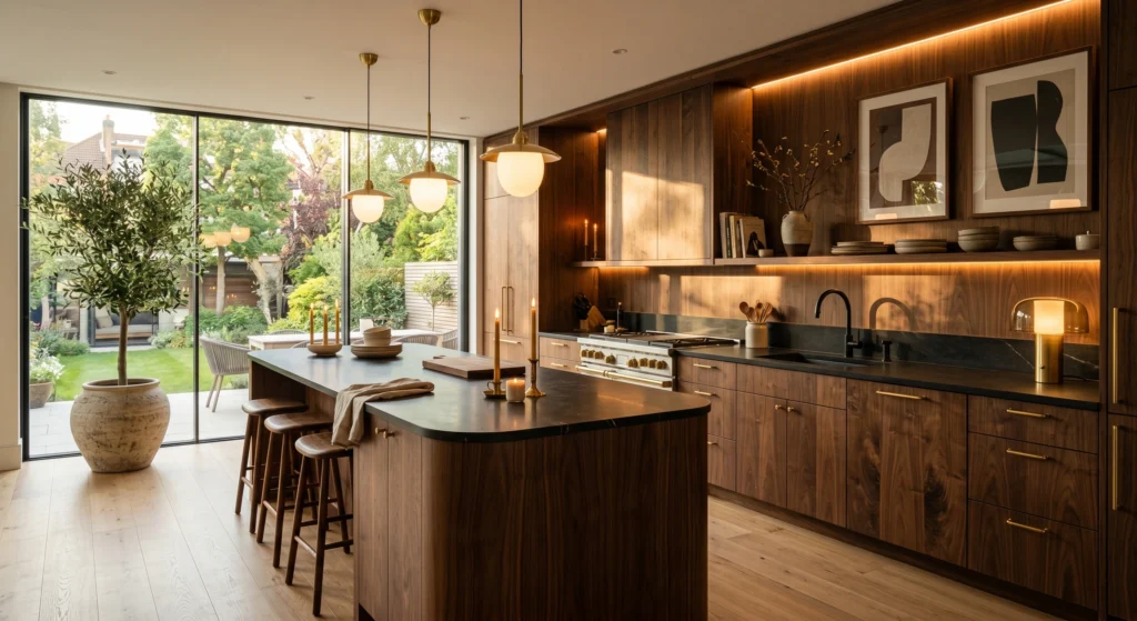 Luxury Scandinavian kitchen with layered lighting including opal glass pendant lights, warm under-cabinet LED strips, candles, and soft accent lamps. Warm wood finishes, oversized abstract wall art, natural stone countertops, and golden-hour sunlight create an inviting atmosphere.