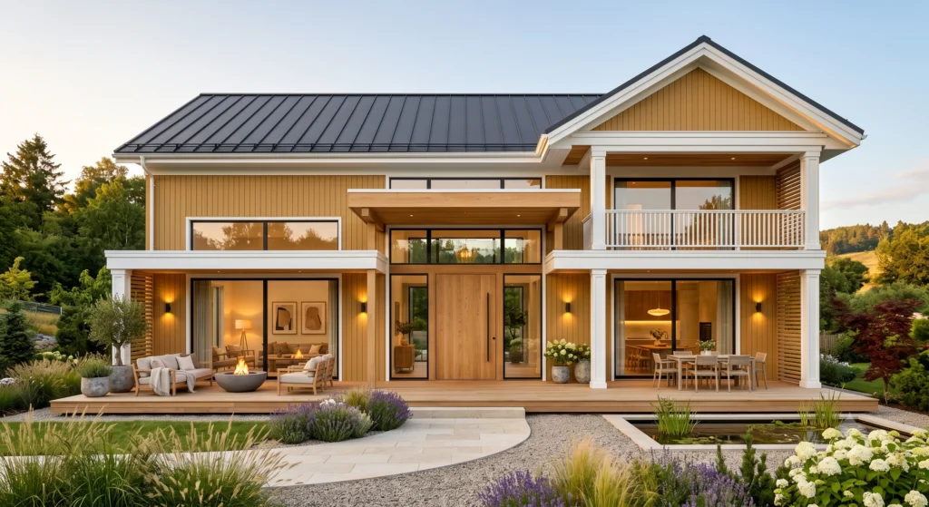 A luxury Scandinavian home with a warm white timber exterior, black-framed floor-to-ceiling windows, a natural oak front door, charcoal standing-seam roof, cedar wood accents, minimalist landscaping with ornamental grasses and stone pathways, glowing golden-hour sunlight, creating a bright, timeless Nordic aesthetic.