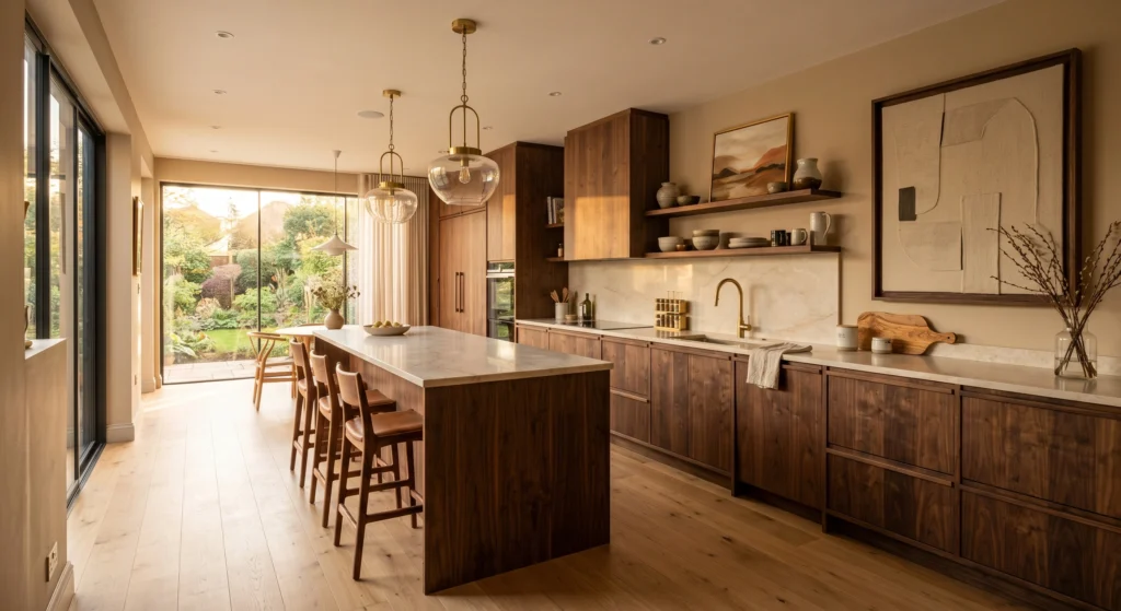 Luxury modern Scandinavian kitchen with warm light oak cabinets featuring visible natural wood grain, cream quartz countertops, oversized abstract wall art in oak frames, white walls, handcrafted oak stools, and abundant natural sunlight creating a cozy Nordic atmosphere.
