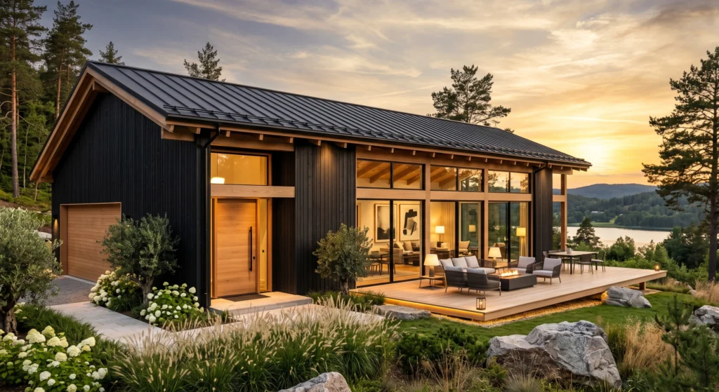 A dramatic matte black Scandinavian house enhanced with warm cedar wood accents, oversized oak pivot front door, cedar garage door, black-framed windows, luxury timber terrace, warm architectural lighting, lush Nordic landscaping, and a cozy contemporary atmosphere.