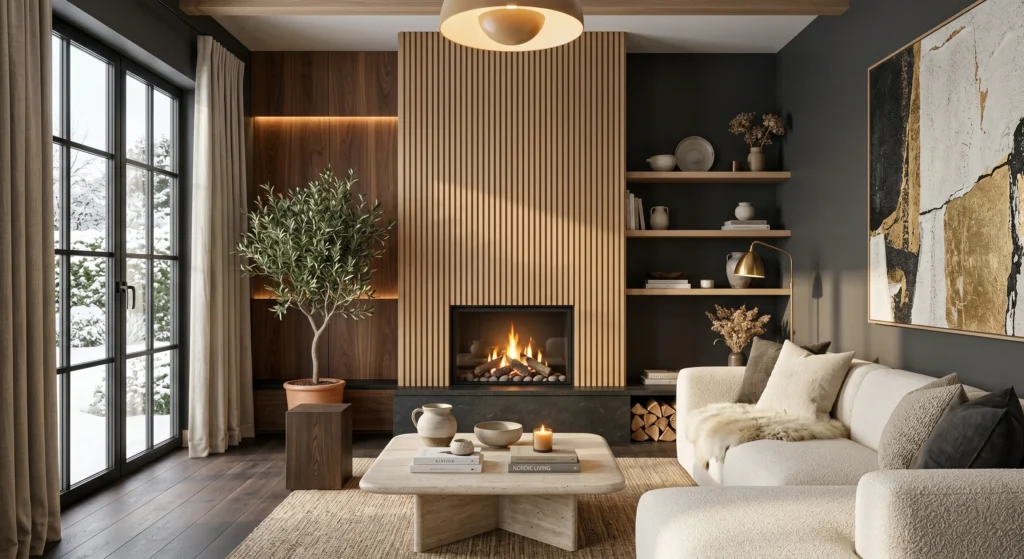 A modern Scandinavian living room showcasing a fireplace wrapped in vertical light oak slats from floor to ceiling. Warm natural sunlight, oversized wall art, cream furnishings, and clean Nordic styling create a seamless and inviting interior.