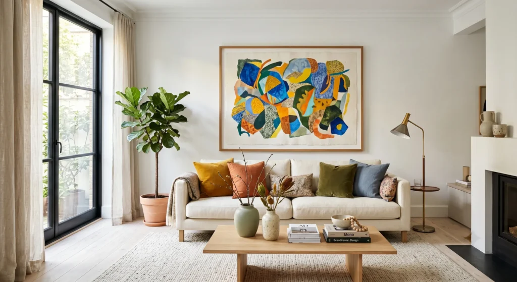 A luxury Scandinavian living room featuring a vibrant geometric wool rug in deep blue and cream tones, neutral furniture, natural wood finishes, oversized contemporary wall art, and bright Nordic sunlight.