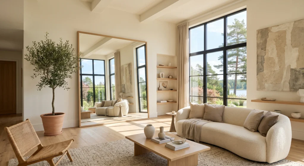 A luxury Scandinavian living room featuring an oversized oak-framed mirror reflecting natural sunlight, cream furnishings, oversized designer wall art, and warm Nordic styling.