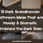 Dark Scandinavian bathroom moody & dramatic with 10 bold, beautiful ideas. From matte black tiles to warm wood and brass accents. Save this for your dream bathroom.