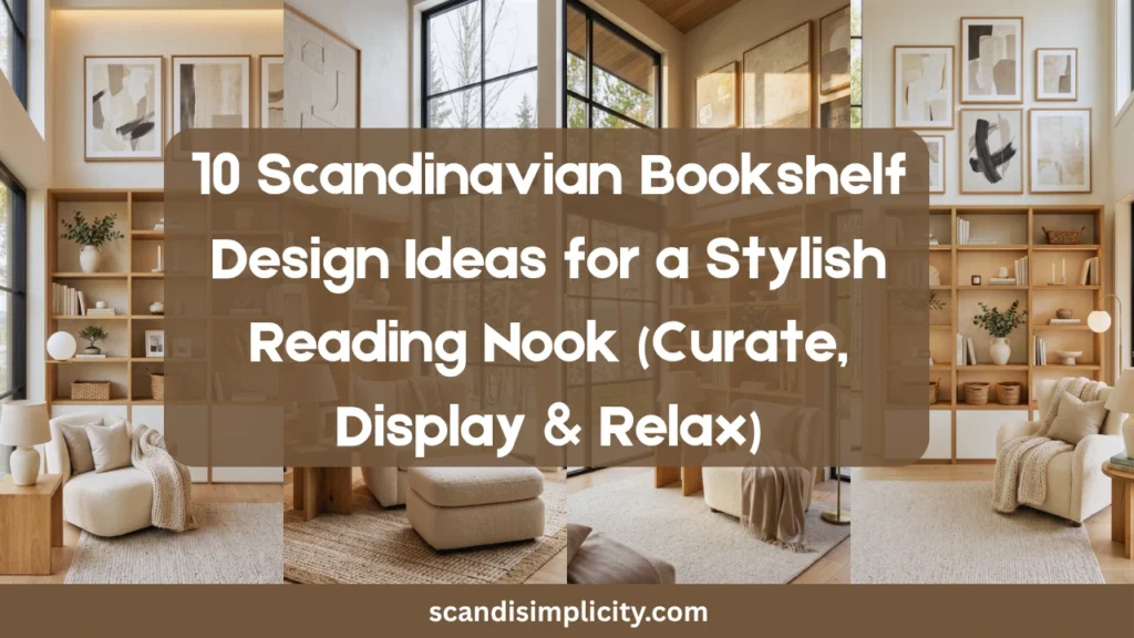 Scandinavian bookshelf design for a stylish reading nook – 10 tips for a beautiful, curated display. From color-coded books to cozy chairs. Save this for your home makeover.