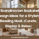 Scandinavian bookshelf design for a stylish reading nook – 10 tips for a beautiful, curated display. From color-coded books to cozy chairs. Save this for your home makeover.