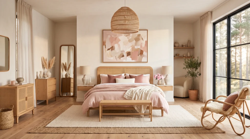 Scandinavian bedroom with rattan headboard, blush bedding and boho Nordic decor.