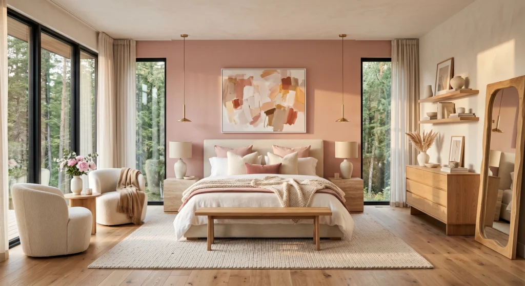 Scandinavian bedroom featuring a blush pink accent wall behind an upholstered bed.