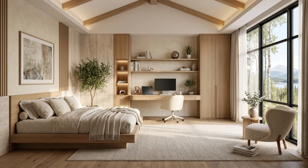 A premium Scandinavian teen bedroom featuring a floating European white oak desk designed for studying, creative work, and gaming. A minimalist sit-stand workstation, ergonomic bouclé desk chair, concealed cable management, slim monitor, elegant desk lamp, and hidden technology blend seamlessly into the calm Nordic interior. Large windows provide abundant daylight, creating an inspiring and highly functional workspace.