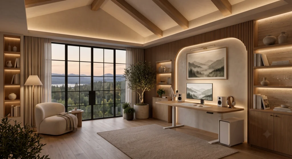 A premium Scandinavian gaming room illuminated by warm layered lighting, including concealed LED strips behind a floating monitor, a linen floor lamp, recessed ceiling lighting, and a dimmable desk lamp. The soft golden glow enhances natural oak furniture, cozy textiles, and clean architectural lines, creating a relaxing evening gaming environment.