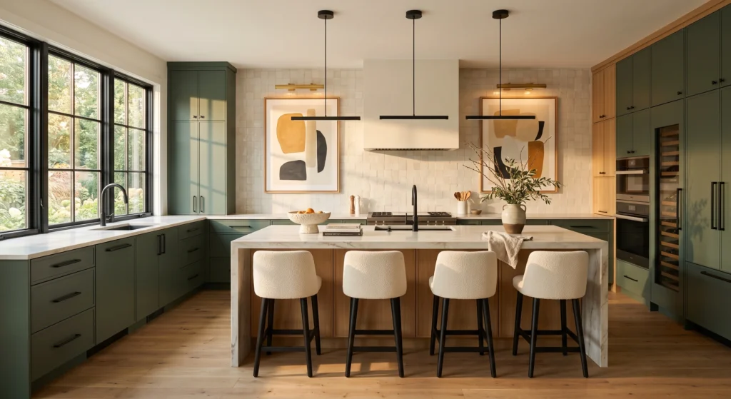 A luxury Scandinavian green kitchen featuring deep forest green cabinets enhanced by matte black and brushed brass hardware, handcrafted zellige backsplash, oversized abstract wall art, premium oak cabinetry, and elegant modern Nordic styling.